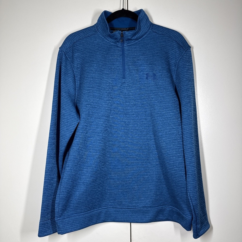 Under Armour Sweater Fleece Mens Large Blue Stripes Storm Golf Zip Pullover
